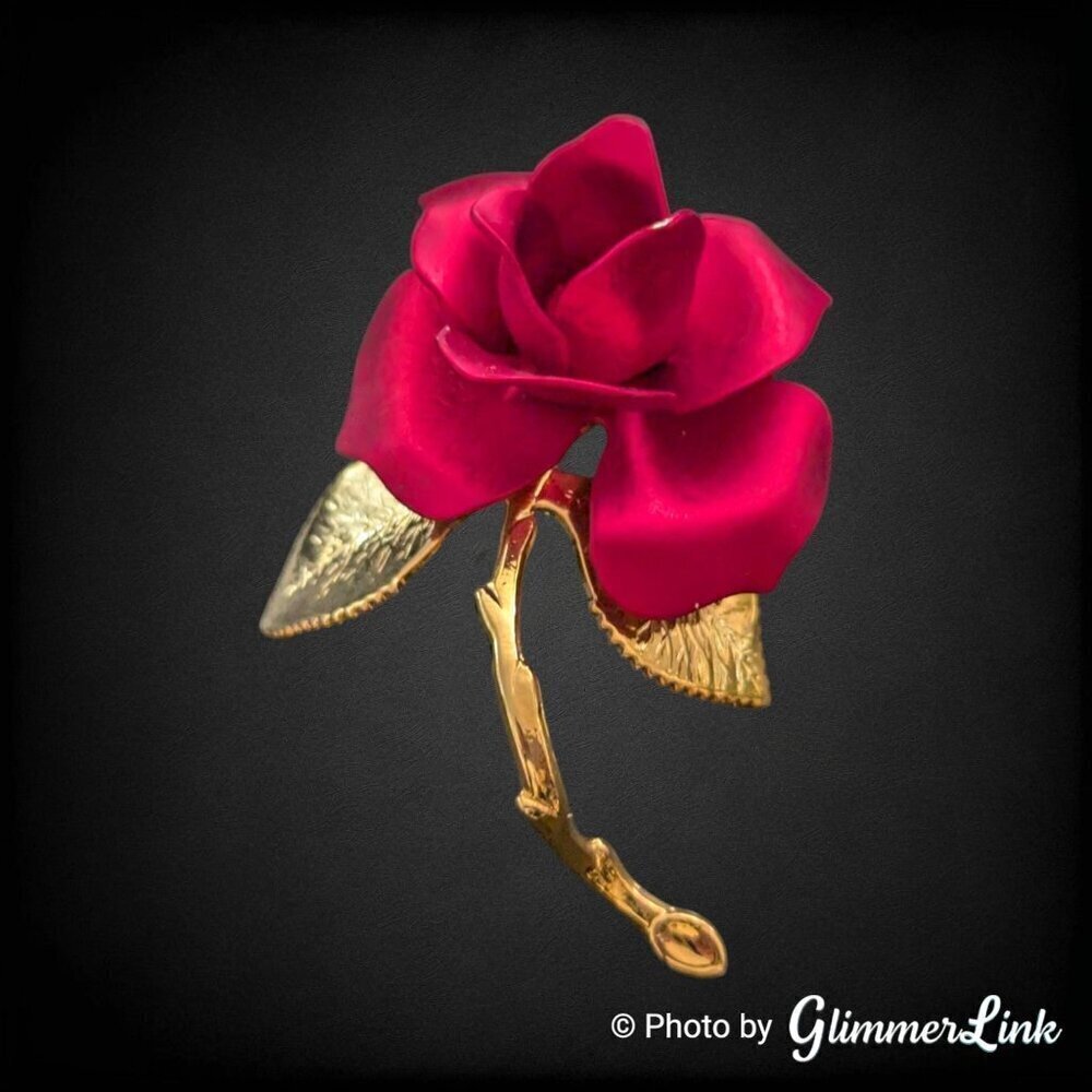 Vintage Satin Red Rose Flower Enamel Signed USA Gold Tone Brooch